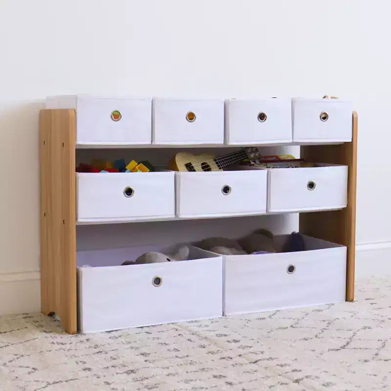 Organizzatore di giocattoli per bambini con 9 contenitori in tessuto pieghevoli bianco - Humble Crew: Scaffali per contenitori da sala giochi, struttura in MDF