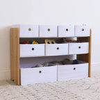 Organizzatore di giocattoli per bambini con 9 contenitori in tessuto pieghevoli bianco - Humble Crew: Scaffali per contenitori da sala giochi, struttura in MDF