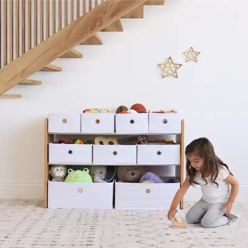 Organizzatore di giocattoli per bambini con 9 contenitori in tessuto pieghevoli bianco - Humble Crew: Scaffali per contenitori da sala giochi, struttura in MDF