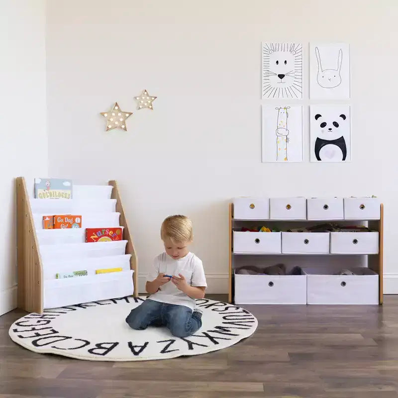 Organizzatore di giocattoli per bambini con 9 contenitori in tessuto pieghevoli bianco - Humble Crew: Scaffali per contenitori da sala giochi, struttura in MDF