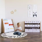 Organizzatore di giocattoli per bambini con 9 contenitori in tessuto pieghevoli bianco - Humble Crew: Scaffali per contenitori da sala giochi, struttura in MDF