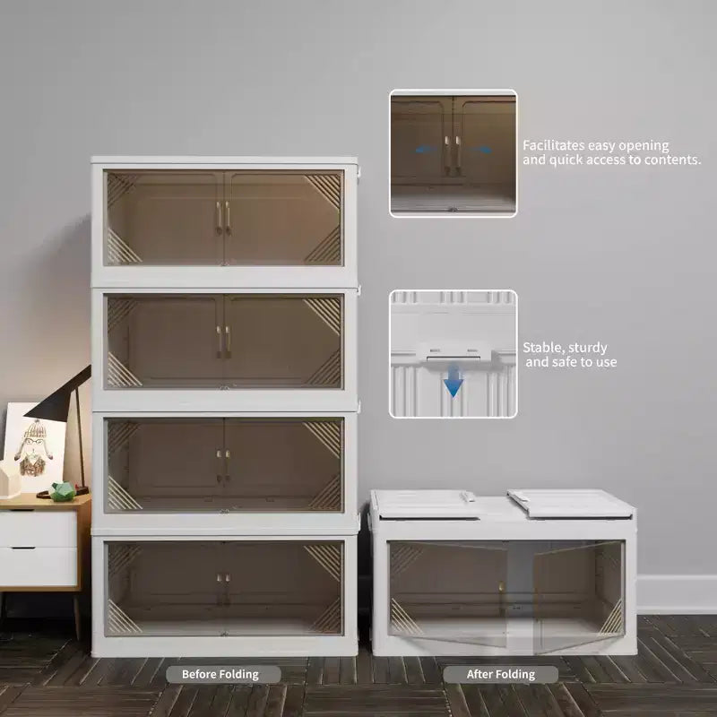 Set di 4 armadietti portaoggetti in plastica trasparente larghi 80 cm, per organizzazione e stoccaggio nell'armadio, scatola pieghevole