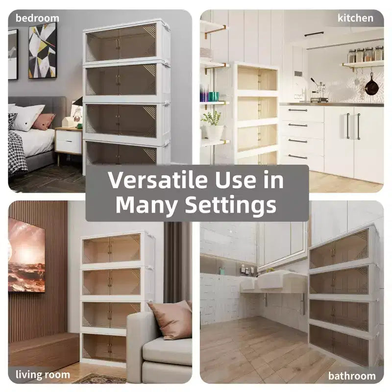 Set di 4 armadietti portaoggetti in plastica trasparente larghi 80 cm, per organizzazione e stoccaggio nell'armadio, scatola pieghevole