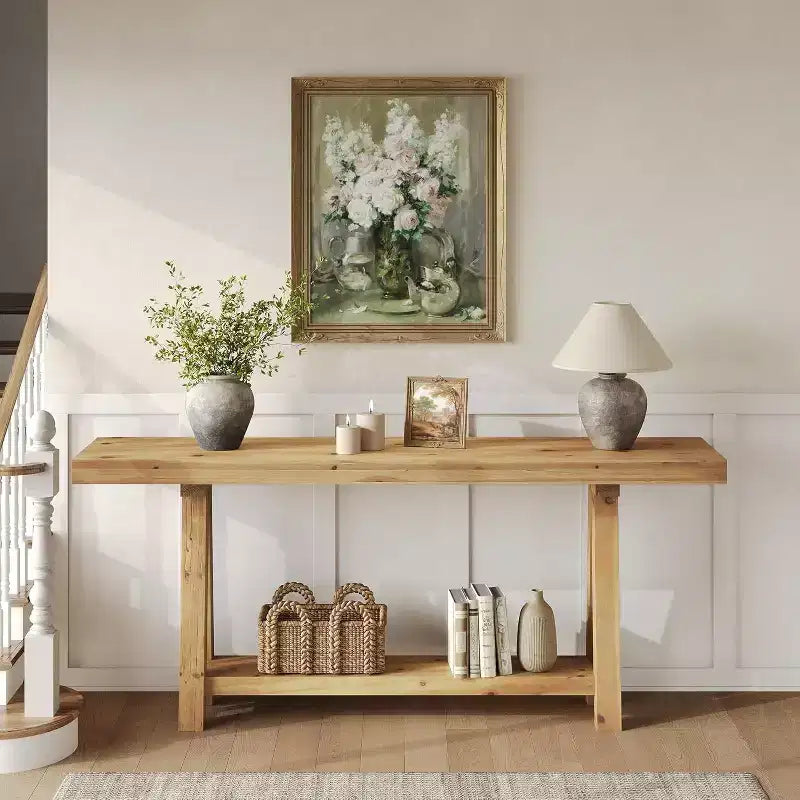 70.9-Inch Solid Wood Console Table, Farmhouse Sofa Table for Entryway, Living Room, Hallway, Foyer