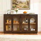 Luxystar 4-Door Sideboard Buffet Cabinet with Large Storage, Glass Doors and Adjustable Shelves for Dining and Living Room, Espresso