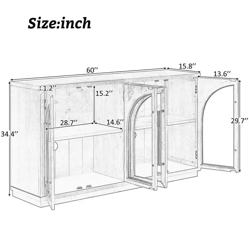 4-Door Sideboard Buffet Cabinet with Large Storage, Glass Doors and Adjustable Shelves for Dining and Living Room, Espresso