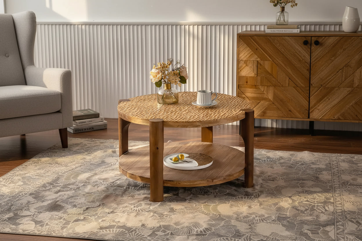 Mid Century Round Coffee Table with Storage, 2-Tier Solid Wood Sofa Table Center Table Accent Table, Natural - ModernLuxe