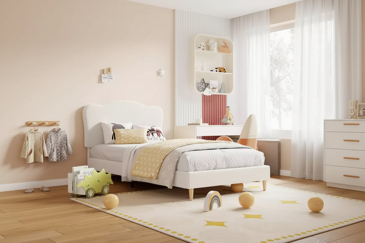 Upholstered Full Size Bed Frame for Kids with Scallop Headboard, Cute Velvet Full Bed for Girls, Boys, Sturdy Platform Bed, No Box Spring Needed