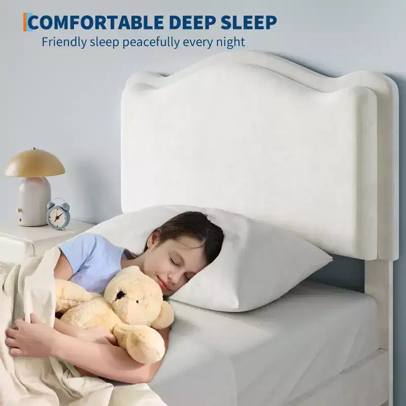 Struttura Letto per Bambini, Letto a Piattaforma Singolo Imbottito, Struttura Letto per Bambini con Testiera e Cassetto Contenitore, Letto a Piattaforma Principessa