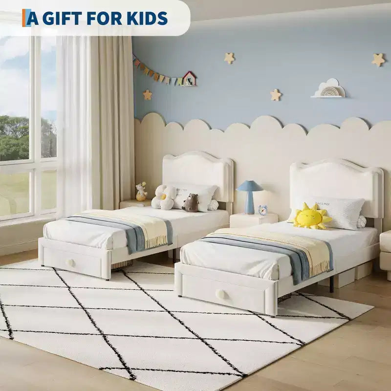 Struttura Letto per Bambini, Letto a Piattaforma Singolo Imbottito, Struttura Letto per Bambini con Testiera e Cassetto Contenitore, Letto a Piattaforma Principessa