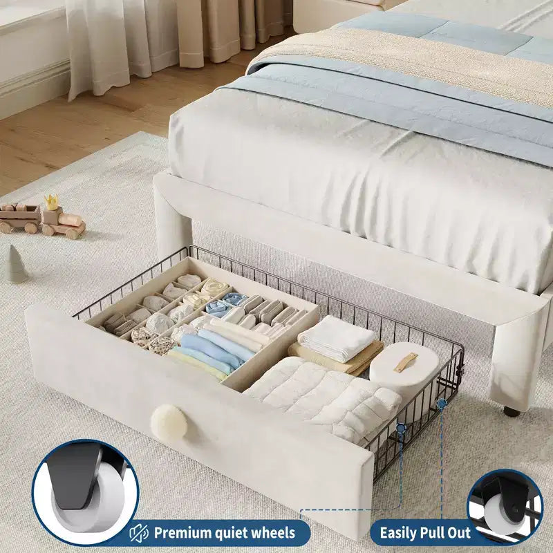 Struttura Letto per Bambini, Letto a Piattaforma Singolo Imbottito, Struttura Letto per Bambini con Testiera e Cassetto Contenitore, Letto a Piattaforma Principessa