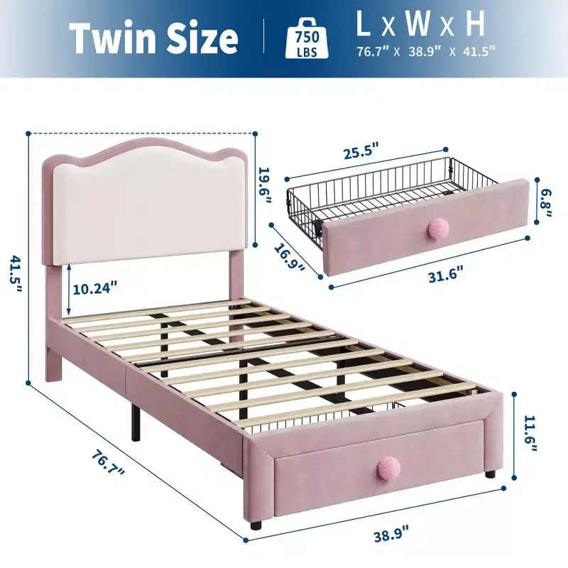 Struttura Letto per Bambini, Letto a Piattaforma Singolo Imbottito, Struttura Letto per Bambini con Testiera e Cassetto Contenitore, Letto a Piattaforma Principessa