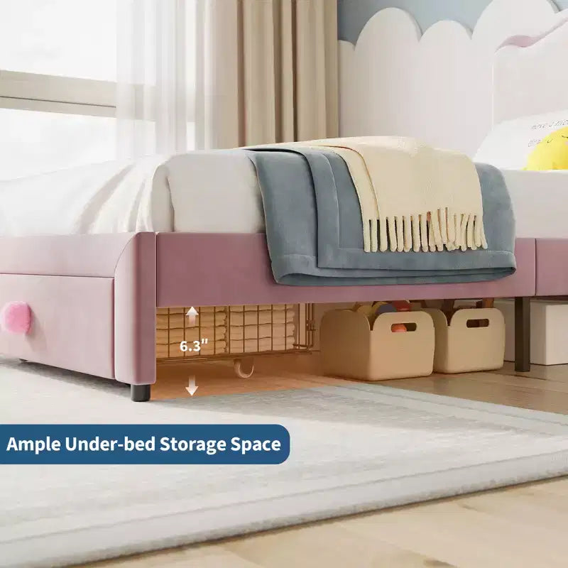 Struttura Letto per Bambini, Letto a Piattaforma Singolo Imbottito, Struttura Letto per Bambini con Testiera e Cassetto Contenitore, Letto a Piattaforma Principessa