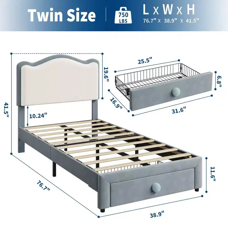 Struttura Letto per Bambini, Letto a Piattaforma Singolo Imbottito, Struttura Letto per Bambini con Testiera e Cassetto Contenitore, Letto a Piattaforma Principessa