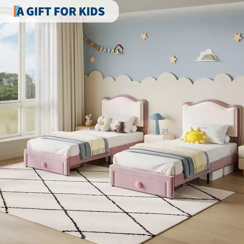 Struttura Letto per Bambini, Letto a Piattaforma Singolo Imbottito, Struttura Letto per Bambini con Testiera e Cassetto Contenitore, Letto a Piattaforma Principessa