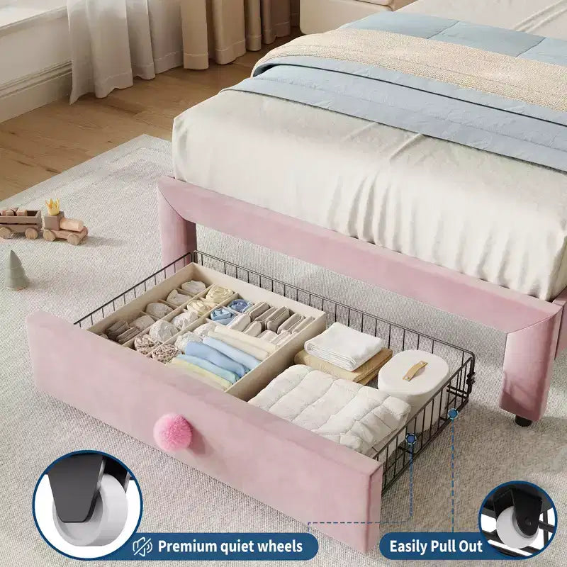 Struttura Letto per Bambini, Letto a Piattaforma Singolo Imbottito, Struttura Letto per Bambini con Testiera e Cassetto Contenitore, Letto a Piattaforma Principessa