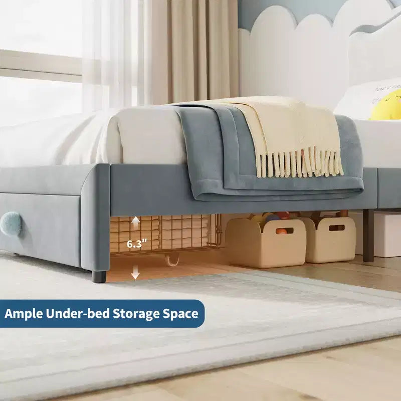 Struttura Letto per Bambini, Letto a Piattaforma Singolo Imbottito, Struttura Letto per Bambini con Testiera e Cassetto Contenitore, Letto a Piattaforma Principessa