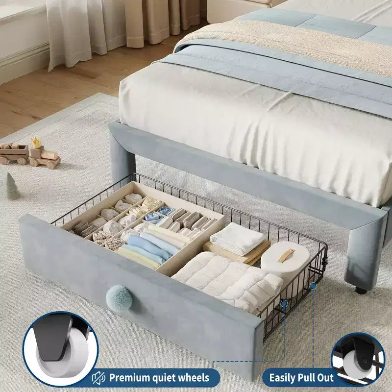 Struttura Letto per Bambini, Letto a Piattaforma Singolo Imbottito, Struttura Letto per Bambini con Testiera e Cassetto Contenitore, Letto a Piattaforma Principessa