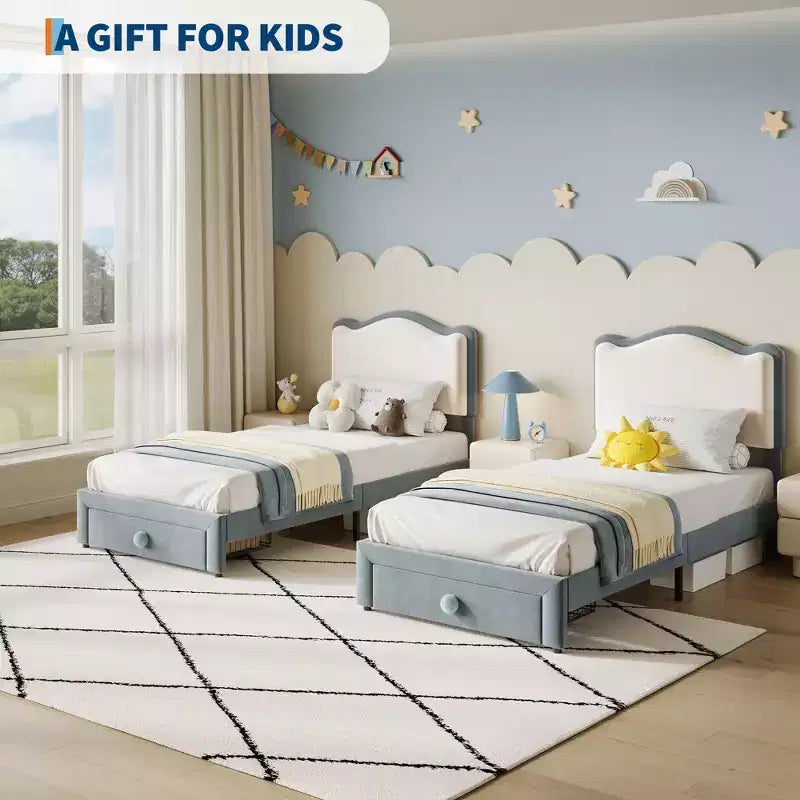 Struttura Letto per Bambini, Letto a Piattaforma Singolo Imbottito, Struttura Letto per Bambini con Testiera e Cassetto Contenitore, Letto a Piattaforma Principessa