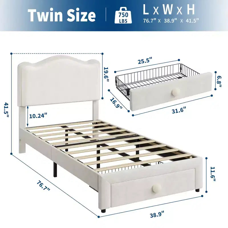 Struttura Letto per Bambini, Letto a Piattaforma Singolo Imbottito, Struttura Letto per Bambini con Testiera e Cassetto Contenitore, Letto a Piattaforma Principessa
