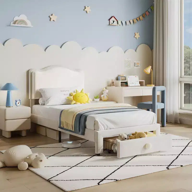 Struttura Letto per Bambini, Letto a Piattaforma Singolo Imbottito, Struttura Letto per Bambini con Testiera e Cassetto Contenitore, Letto a Piattaforma Principessa