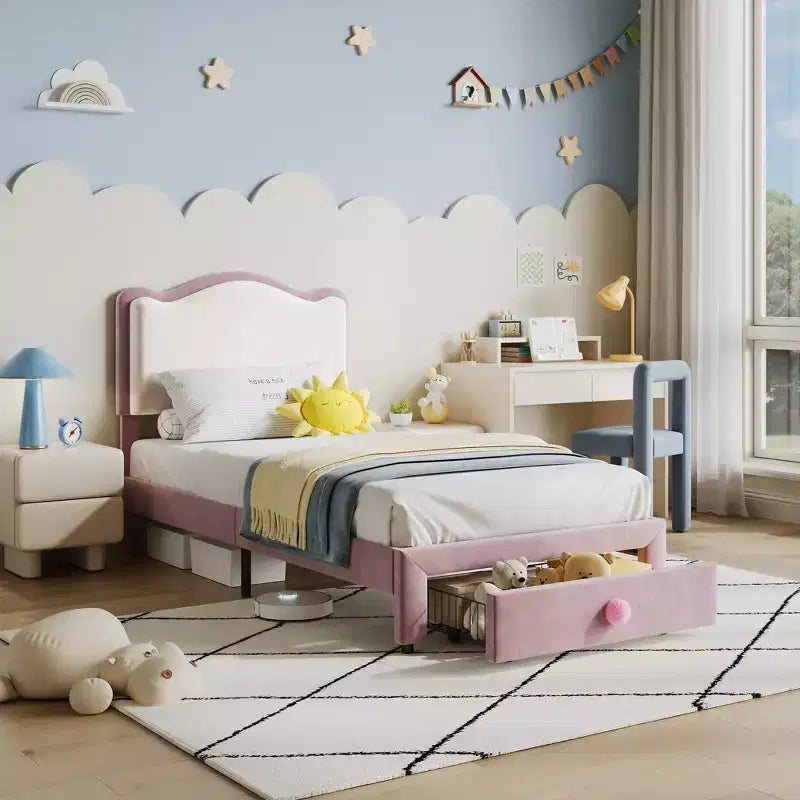 Struttura Letto per Bambini, Letto a Piattaforma Singolo Imbottito, Struttura Letto per Bambini con Testiera e Cassetto Contenitore, Letto a Piattaforma Principessa