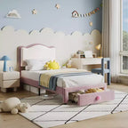 Struttura Letto per Bambini, Letto a Piattaforma Singolo Imbottito, Struttura Letto per Bambini con Testiera e Cassetto Contenitore, Letto a Piattaforma Principessa