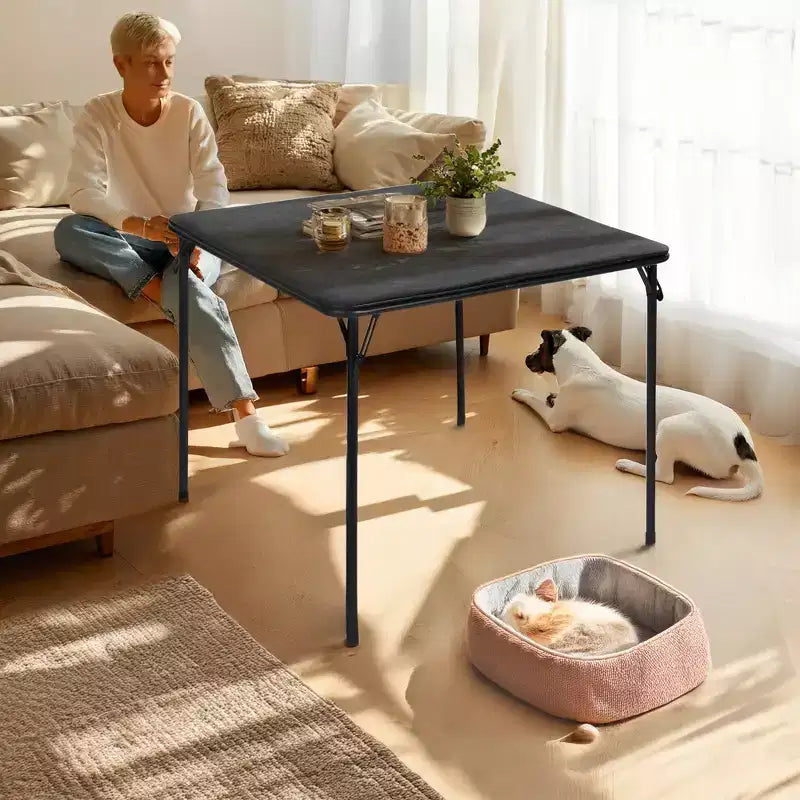 Square Folding Card Table 33.9 inch, Multi-Functional Table Foldable Portable for Dining Panic, PVC Tabletop, No Assembly Required, Black