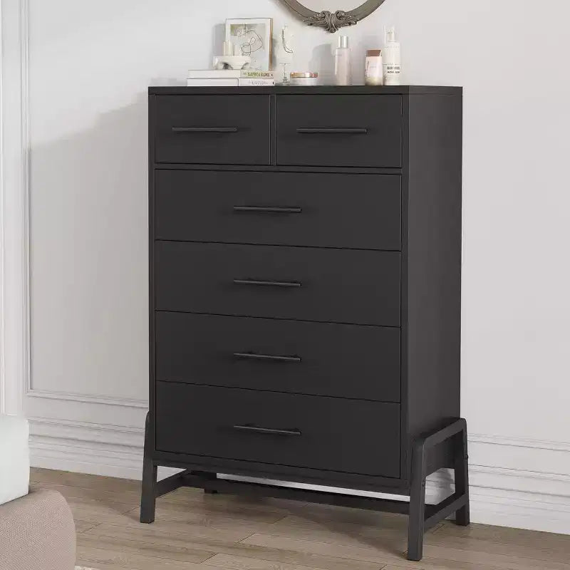 Modern 6-Drawer Dresser with 4 Full-Width & 2 Small Drawers, 46.6 Inch Tall Freestanding Wood Storage Chest for Bedroom, Living Room