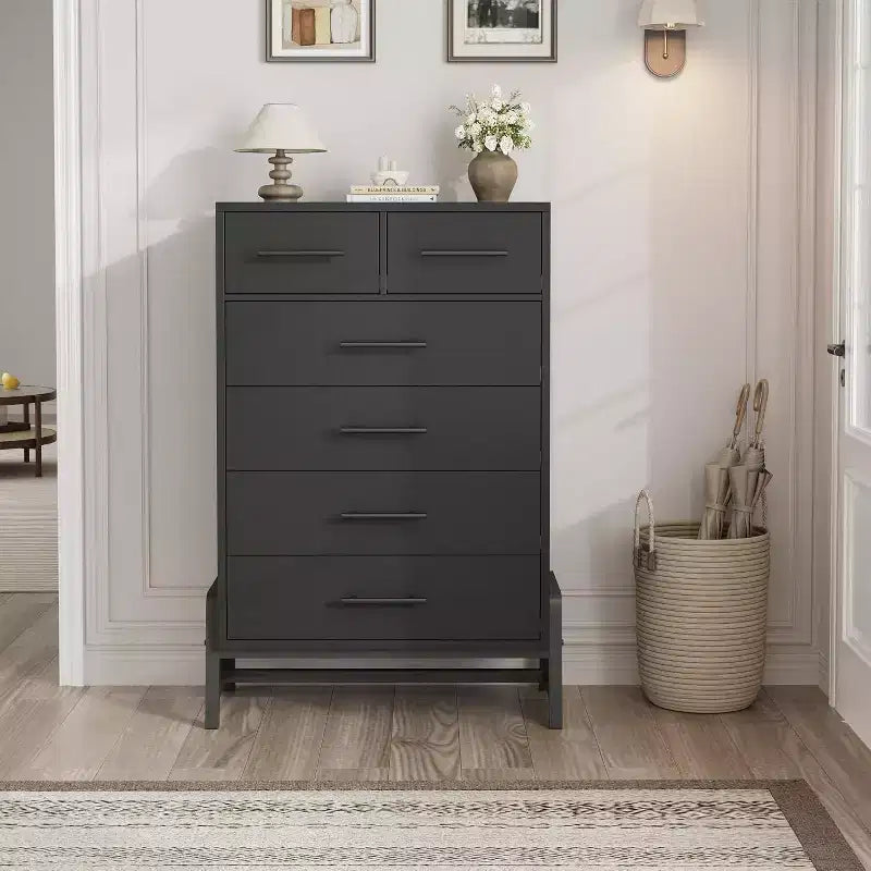 Cassettiera moderna a 6 cassetti con 4 cassetti a tutta larghezza e 2 cassetti piccoli, cassettone in legno da 46,6 pollici di altezza per camera da letto, soggiorno