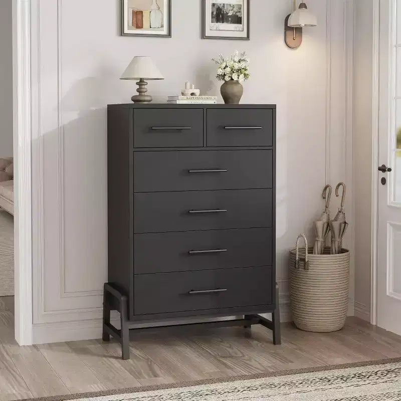 Cassettiera moderna a 6 cassetti con 4 cassetti a tutta larghezza e 2 cassetti piccoli, cassettone in legno da 46,6 pollici di altezza per camera da letto, soggiorno