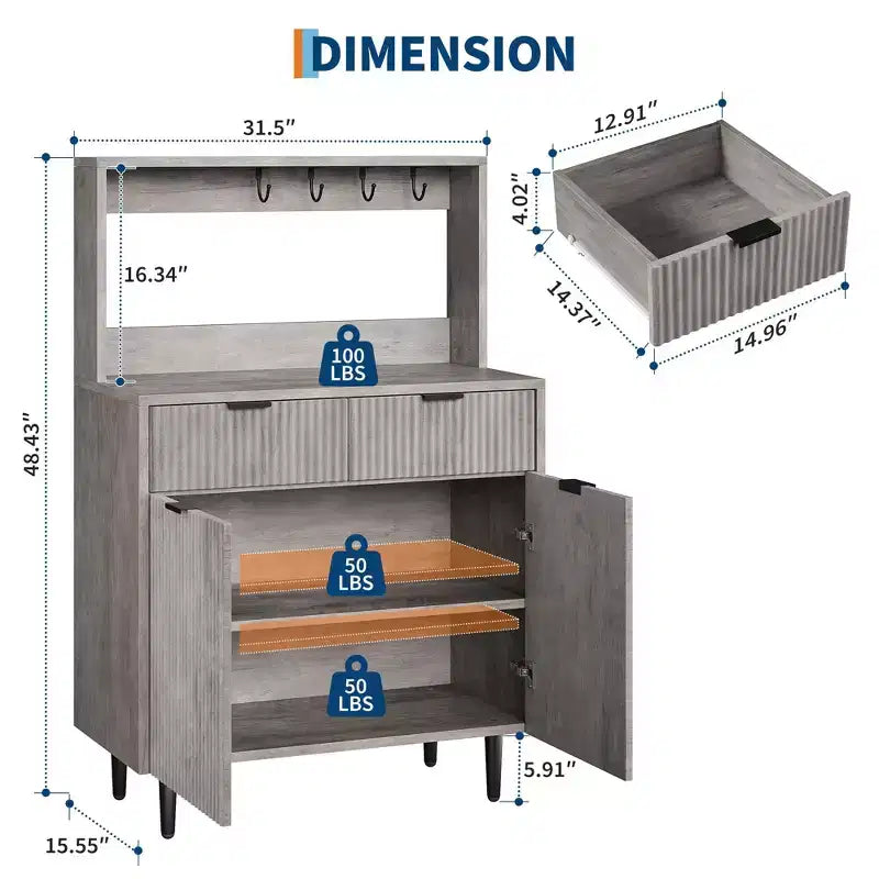 Credenza moderna scanalata da 48'' con ripiani regolabili e cassetti, Tavolo consolle da bar per sala da pranzo, cucina