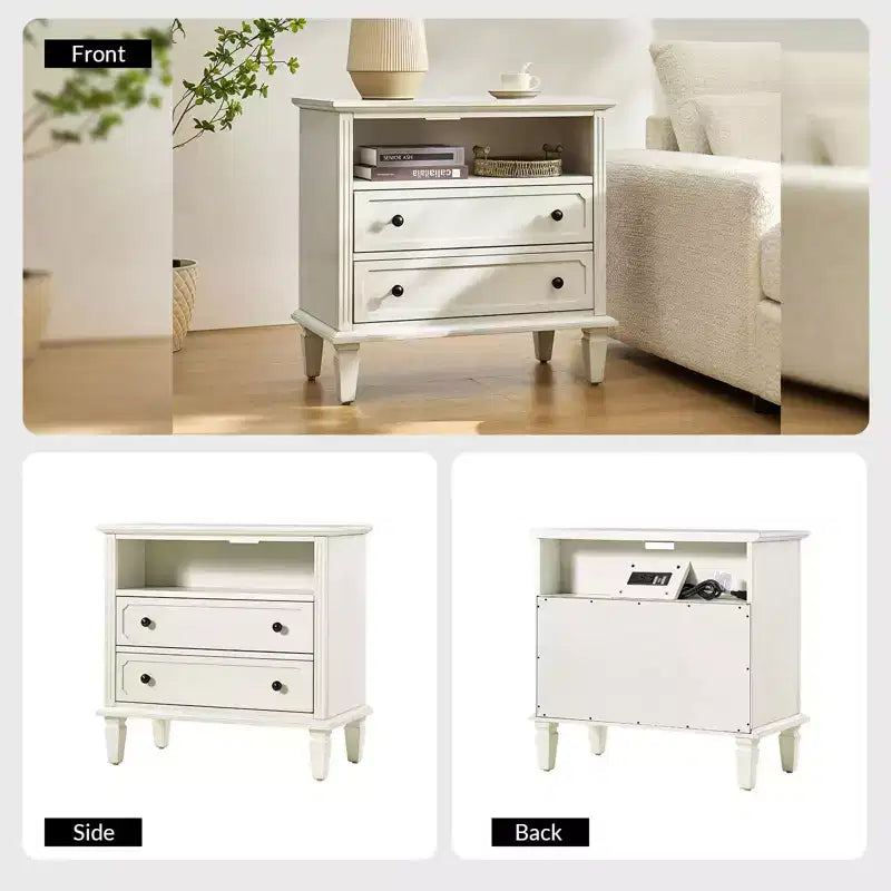 Tavolino con 2 cassetti in legno massello con gambe in legno massello, Bianco