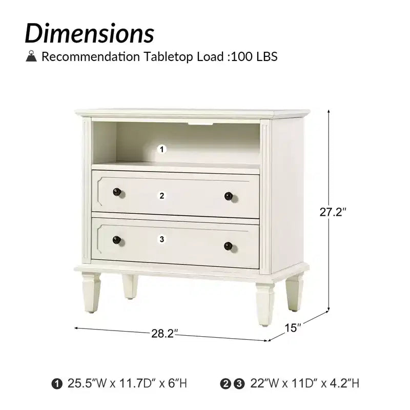 Tavolino con 2 cassetti in legno massello con gambe in legno massello, Bianco