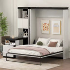 Full Size Murphy Bed Wall Bed with Storage Shelves Table, Folding Wall Cabinets Bed for Bedroom Guest Room, Black White