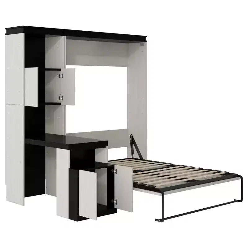 Letto a scomparsa da parete Full Size con ripiani portaoggetti e tavolo, letto a scomparsa con armadietti a muro pieghevoli per camera da letto e camera degli ospiti, bianco e nero