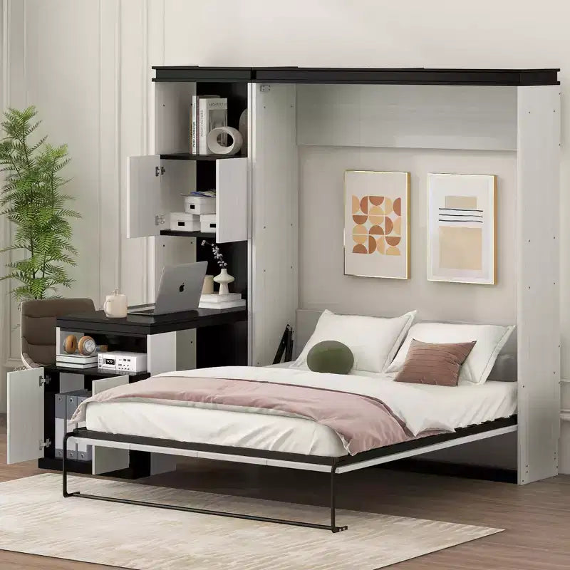 Letto a scomparsa da parete Full Size con ripiani portaoggetti e tavolo, letto a scomparsa con armadietti a muro pieghevoli per camera da letto e camera degli ospiti, bianco e nero