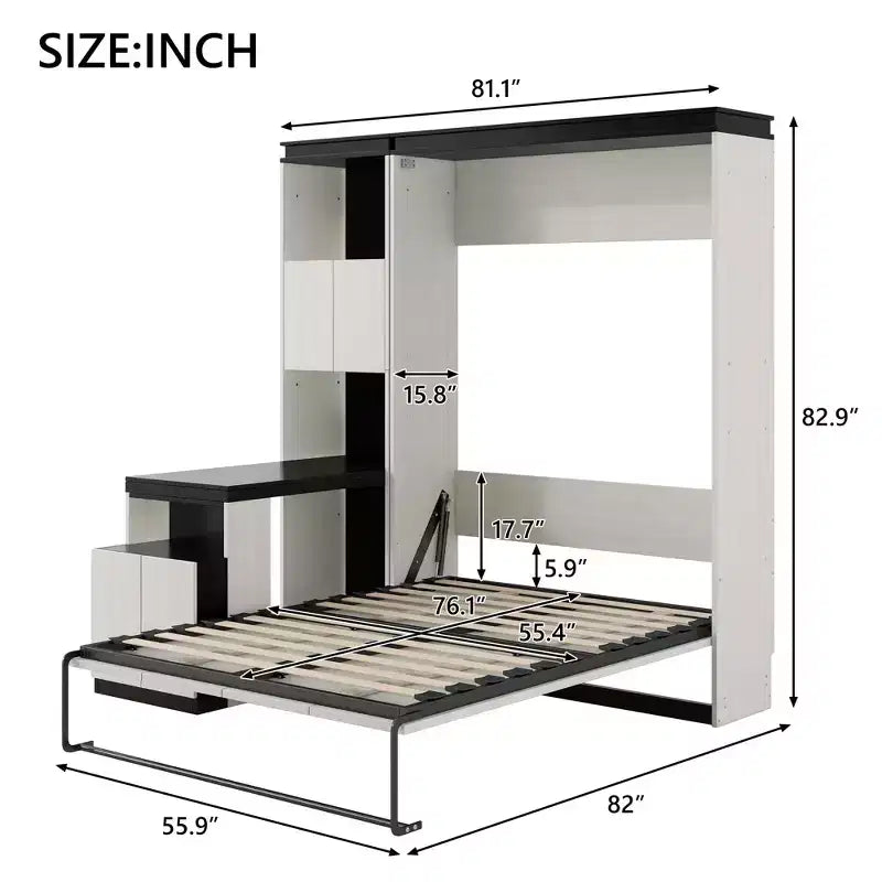 Letto a scomparsa da parete Full Size con ripiani portaoggetti e tavolo, letto a scomparsa con armadietti a muro pieghevoli per camera da letto e camera degli ospiti, bianco e nero