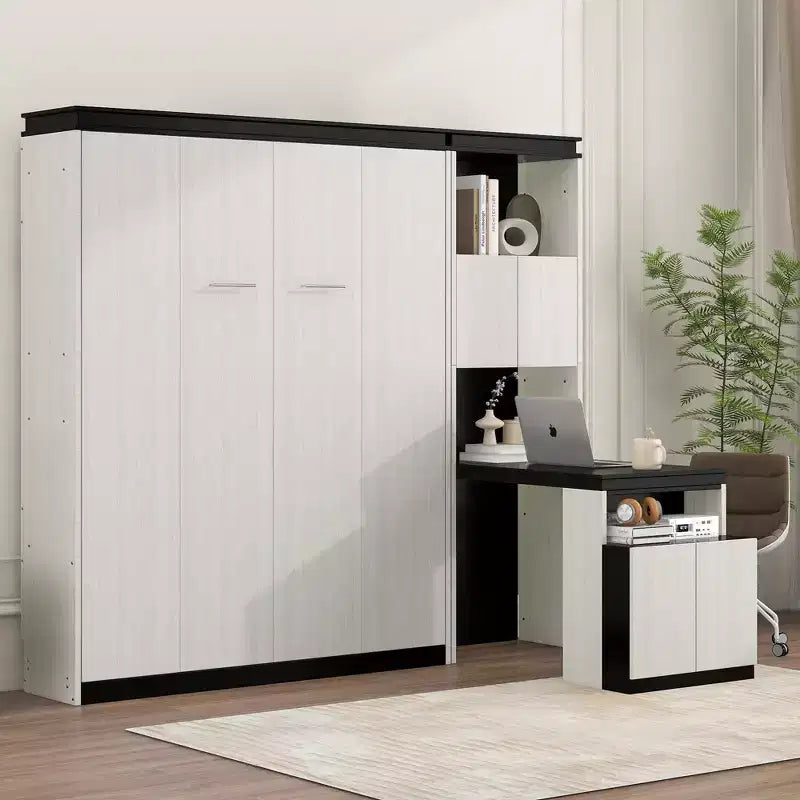 Letto a scomparsa da parete Full Size con ripiani portaoggetti e tavolo, letto a scomparsa con armadietti a muro pieghevoli per camera da letto e camera degli ospiti, bianco e nero