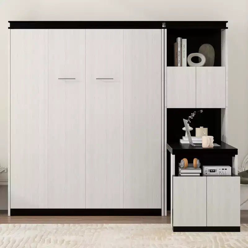 Letto a scomparsa da parete Full Size con ripiani portaoggetti e tavolo, letto a scomparsa con armadietti a muro pieghevoli per camera da letto e camera degli ospiti, bianco e nero
