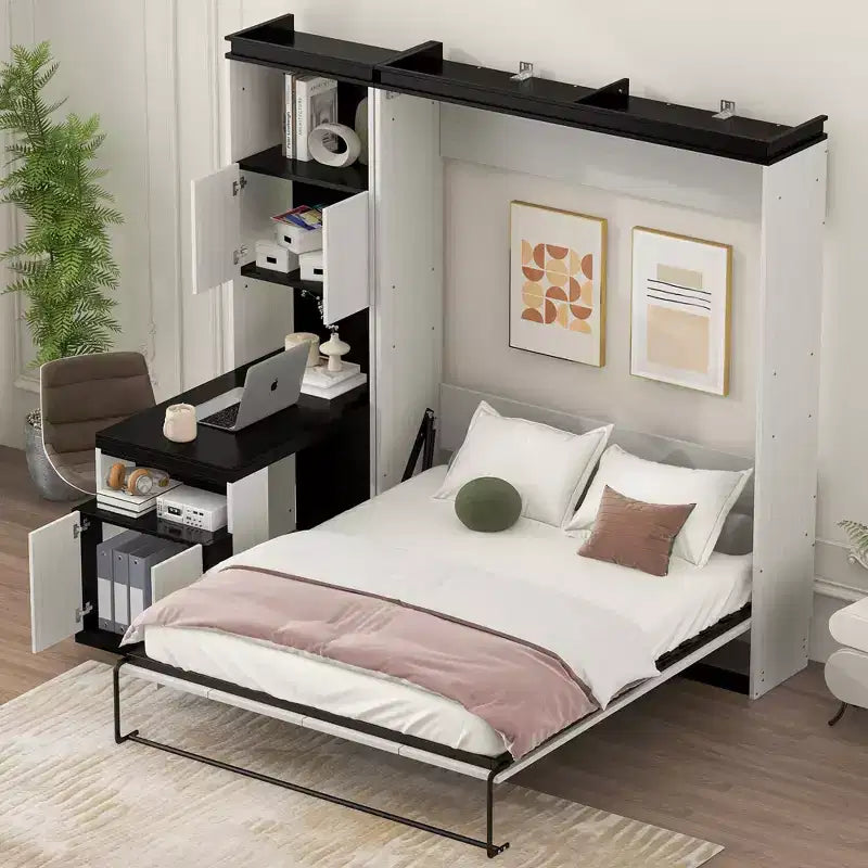 Letto a scomparsa da parete Full Size con ripiani portaoggetti e tavolo, letto a scomparsa con armadietti a muro pieghevoli per camera da letto e camera degli ospiti, bianco e nero