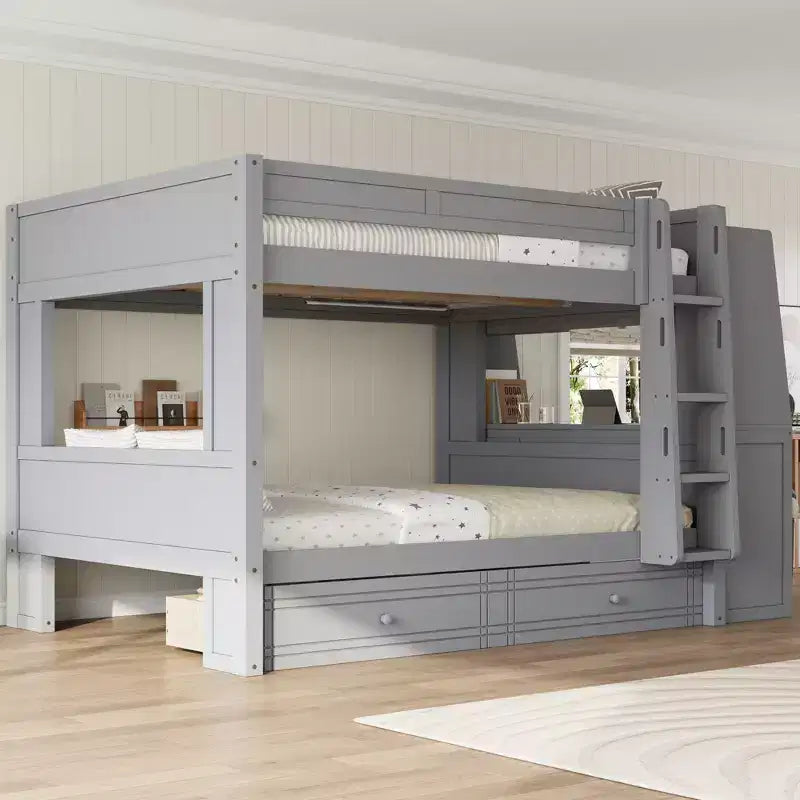 Letto a Castello Multifunzionale Matrimoniale con Scrivania, Librerie e Letto Estraibile/Cassetti