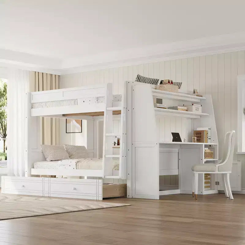 Letto a Castello Multifunzionale Matrimoniale con Scrivania, Librerie e Letto Estraibile/Cassetti
