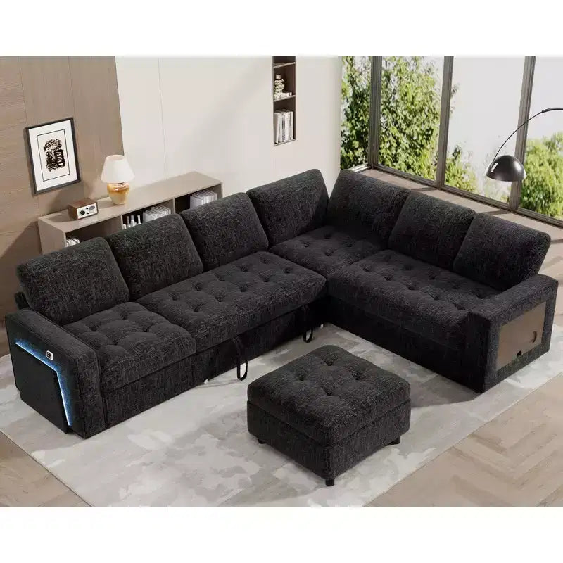 Divano letto angolare a L a 7 posti con letto estraibile, porte USB, luce LED, schienale reclinabile, tavolino laterale e pouf, divano in ciniglia