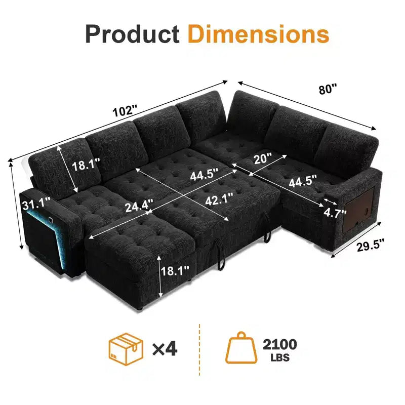 Divano letto angolare a L a 7 posti con letto estraibile, porte USB, luce LED, schienale reclinabile, tavolino laterale e pouf, divano in ciniglia