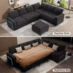 Divano letto angolare a L a 7 posti con letto estraibile, porte USB, luce LED, schienale reclinabile, tavolino laterale e pouf, divano in ciniglia