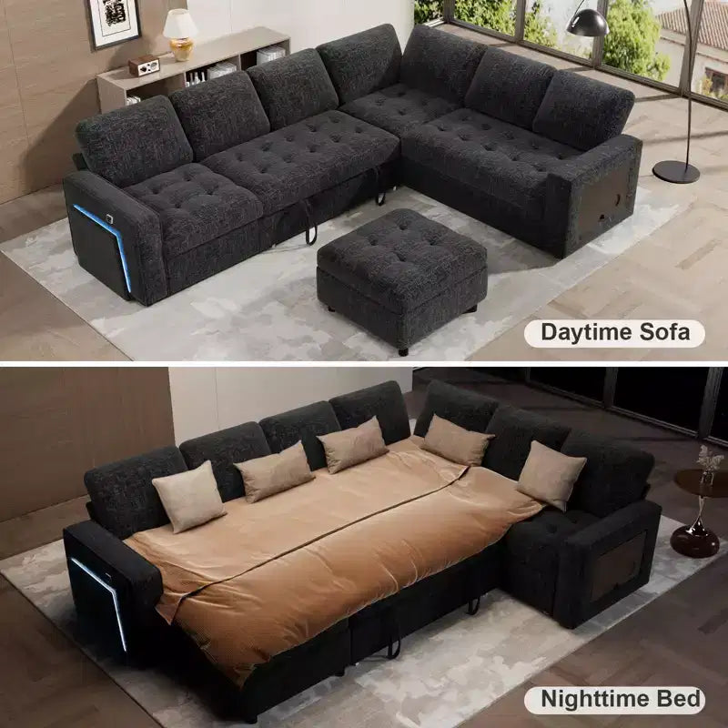 Divano letto angolare a L a 7 posti con letto estraibile, porte USB, luce LED, schienale reclinabile, tavolino laterale e pouf, divano in ciniglia