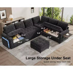 Divano letto angolare a L a 7 posti con letto estraibile, porte USB, luce LED, schienale reclinabile, tavolino laterale e pouf, divano in ciniglia