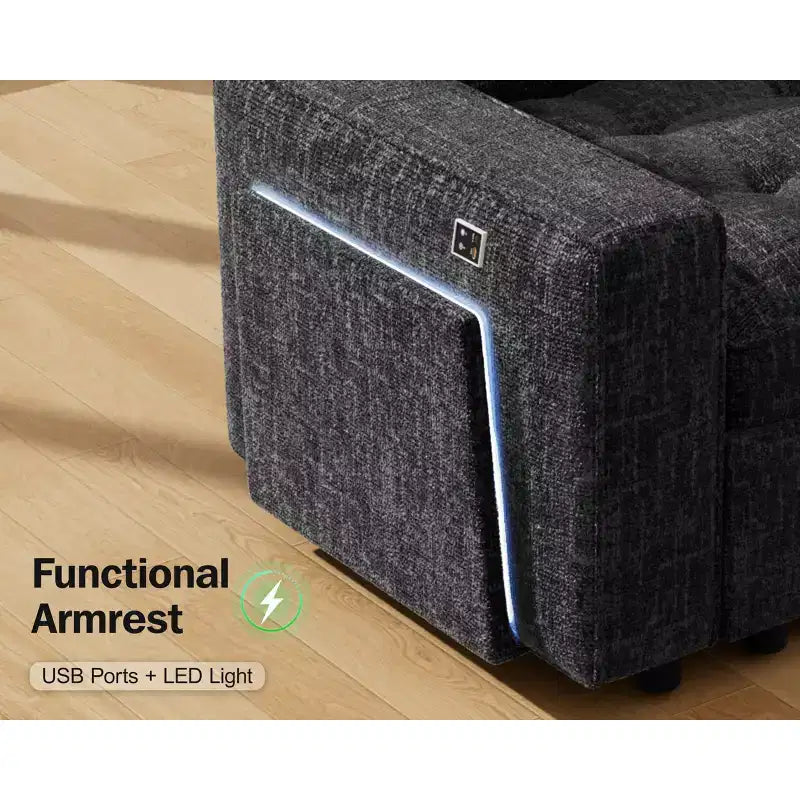 Divano letto angolare a L a 7 posti con letto estraibile, porte USB, luce LED, schienale reclinabile, tavolino laterale e pouf, divano in ciniglia