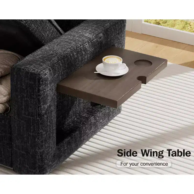 Divano letto angolare a L a 7 posti con letto estraibile, porte USB, luce LED, schienale reclinabile, tavolino laterale e pouf, divano in ciniglia